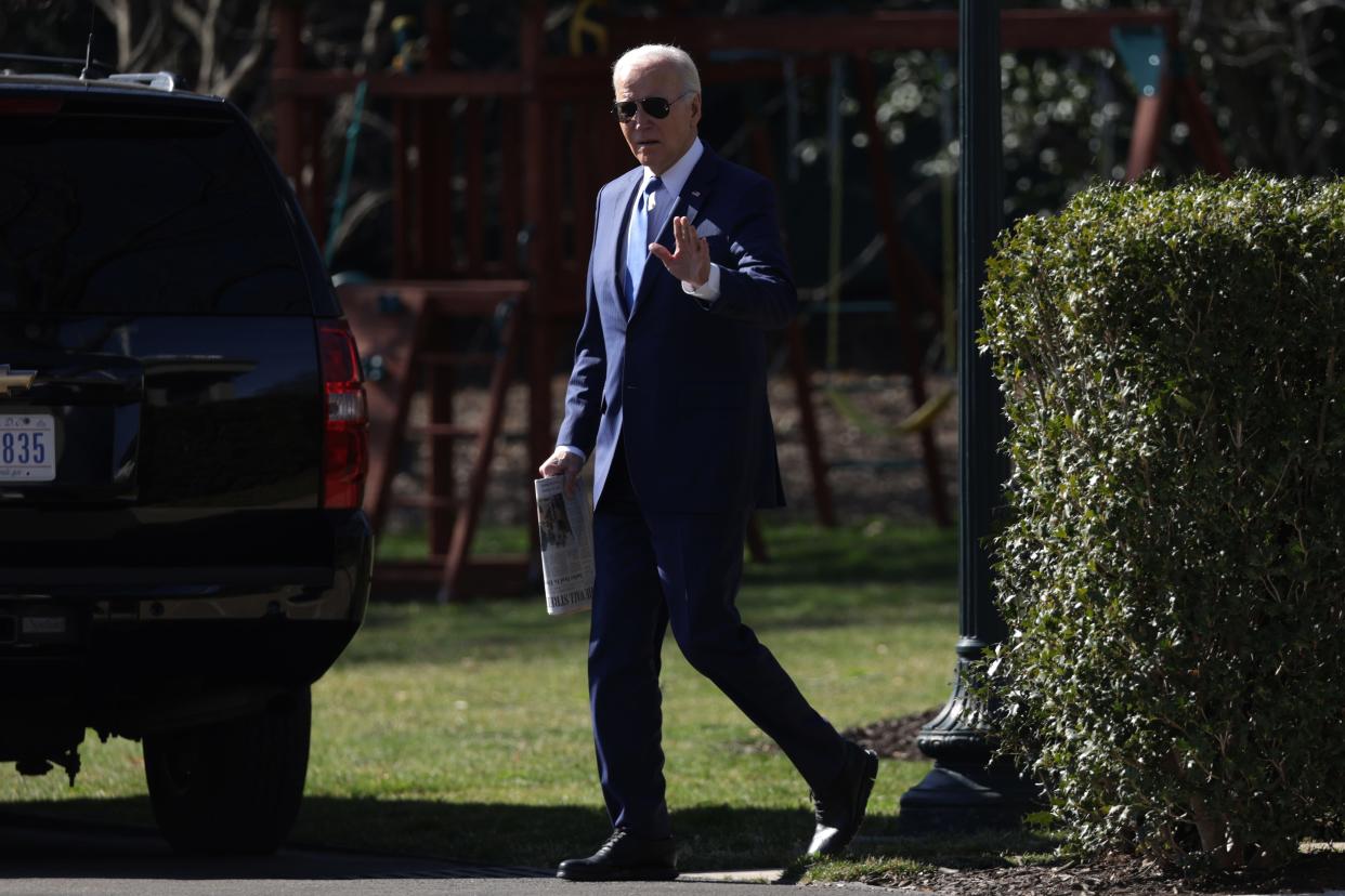 President Joe Biden walks towards to the Marine One prior to a South Lawn departure from the White House on February 7, 2024 in Washington, DC.