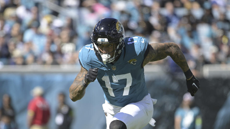 Jacksonville Jaguars tight end Evan Engram (17) runs a route during the second half of an NFL football game against the Indianapolis Colts against the Indianapolis Colts, Sunday, Oct. 15, 2023, in Jacksonville, Fla. (AP Photo/Phelan M. Ebenhack)