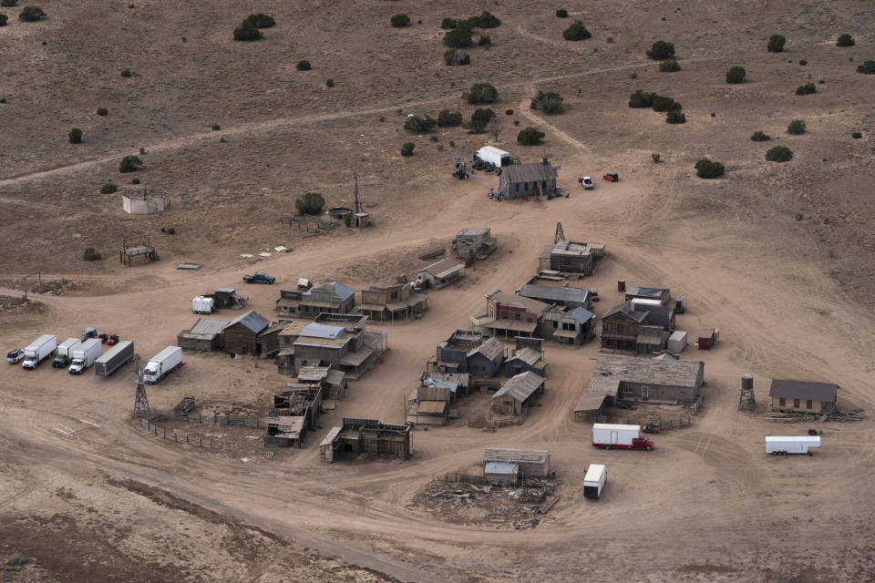 This aerial photo shows the Bonanza Creek Ranch in Santa Fe, N.M., Saturday, Oct. 23, 2021. Actor Alec Baldwin fired a prop gun on the set of a Western being filmed at the ranch on Thursday, Oct. 21, killing the cinematographer, officials said. (AP Photo/Jae C. Hong)