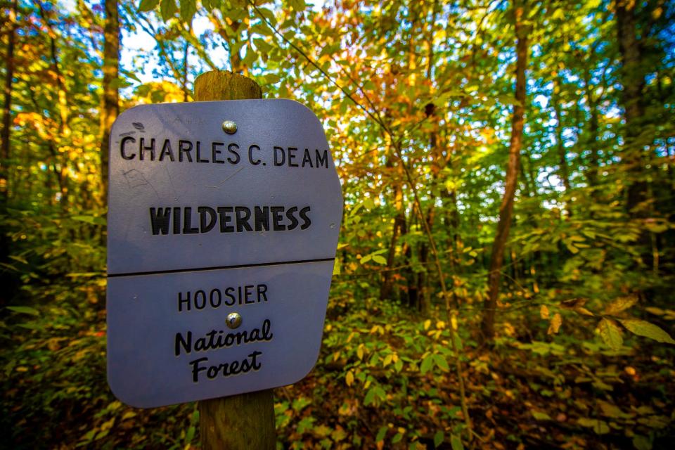 A sign designating the Charles C. Deam Wilderness area in the Hoosier National Forest on Wednesday, Oct. 18, 2023.