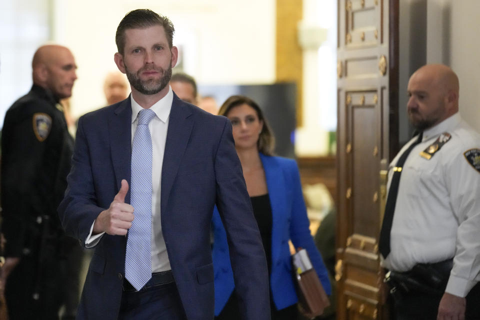 Eric Trump steps out of the courtroom during a break in proceedings at New York Supreme Court, Thursday, Nov. 2, 2023, in New York. (AP Photo/Seth Wenig)