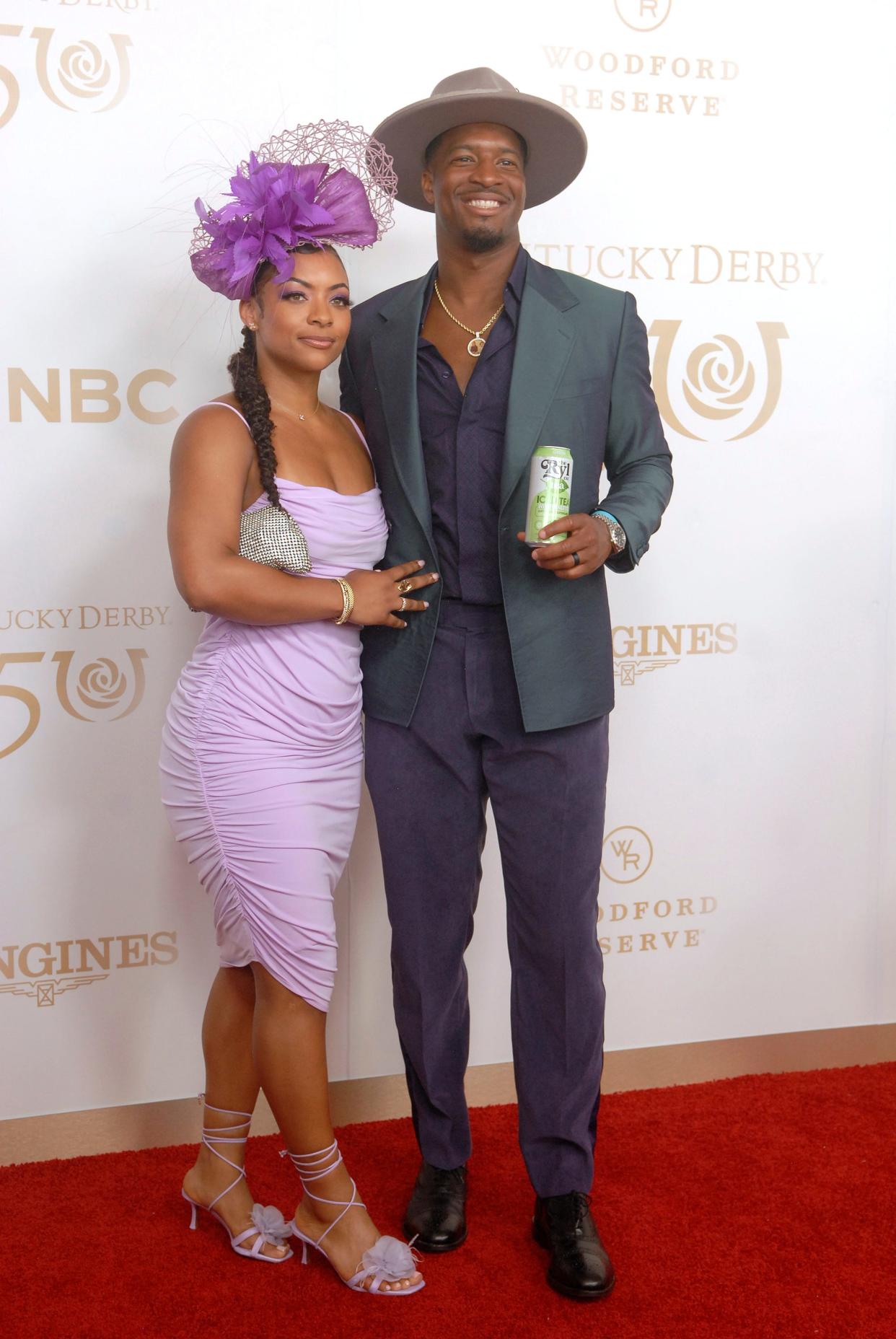 Cleveland Browns quarterback Jameis Winston, right, poses on the 150th Kentucky Derby red carpet Saturday. May 04, 2024