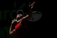 Mar 30, 2017; Miami, FL, USA; Caroline Wozniacki of Denmark serves against Karoilina Pliskova of the Czech Republic (not pictured) in a women's singles semi-final during the 2017 Miami Open at Crandon Park Tennis Center. Geoff Burke-USA TODAY Sports