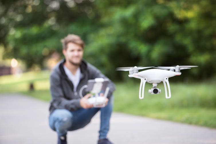 <span class="caption">Dualism in a nutshell.</span> <span class="attribution"><a class="link " href="https://www.shutterstock.com/image-photo/young-hipster-man-flying-drone-sunny-503539111" rel="nofollow noopener" target="_blank" data-ylk="slk:Halfpoint/Shutterstock;elm:context_link;itc:0;sec:content-canvas">Halfpoint/Shutterstock</a></span>