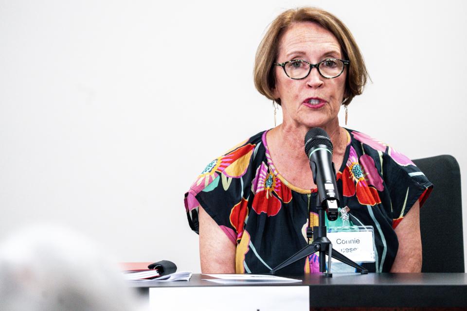Connie Boesen speaks during a mayoral candidate forum organized by Iowa Unity Coalition at Iowa Federation of Labor on Tuesday, June 13, 2023, in Des Moines.