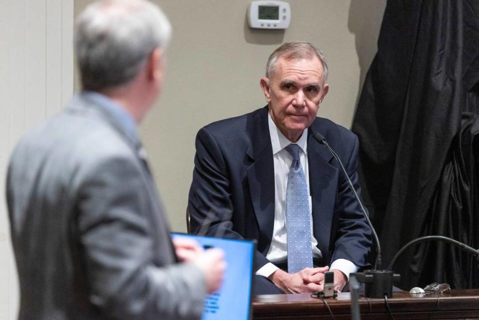 Palmetto State Bank CEO Jan Malinowski, right, answers questions by prosecutor Creighton Waters during Alex Murdaugh’s during his double murder trial at the Colleton County Courthouse in Walterboro, S.C., Friday, Feb. 3, 2023. The 54-year-old attorney is standing trial on two counts of murder in the shootings of his wife and son at their Colleton County home and hunting lodge on June 7, 2021. (Sam Wolfe/The State, Pool)