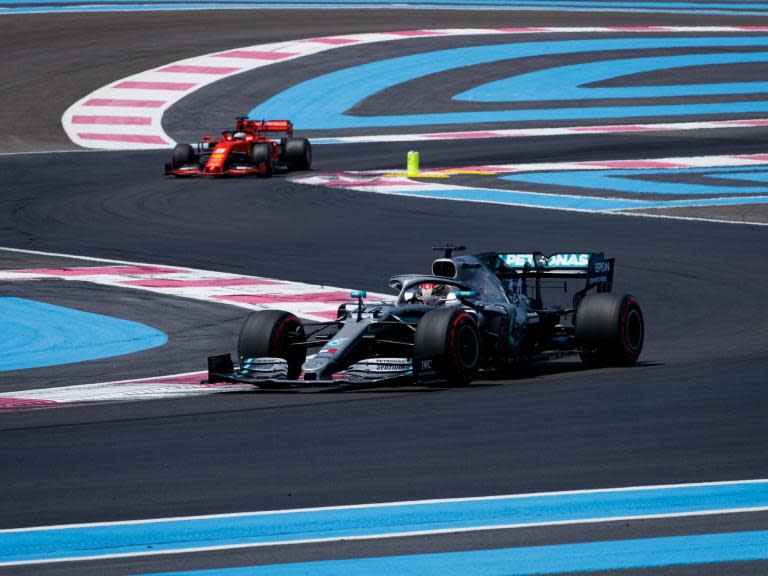 Follow the latest updates live from the French Grand Prix at Paul Ricard in Le Castellet where Lewis Hamilton starts from pole position alongside teammate and championship rival Valtteri Bottas.The two Mercedes proved to be in a class of their own during qualifying as Hamilton got the better of Bottas to take pole position, though it was yet another difficult afternoon for Sebastian Vettel as an issue with his Ferrari left him down in seventh. Charles Leclerc will leave the Ferrari challenge from third ahead of Max Verstappen, with the two McLarens of Lando Norris and Carlos Sainz getting themselves into the mix by filling the third row.The progress of Vettel and the second Red Bull of Pierre Gasly will be one of the things to look out for during the race, while teams will have to decide between looking after their tyres or taking the penalty of two pitstops instead of one. Follow the live action below. What time does it start?The French Grand Prix takes place on Sunday 23 June at 2:10pm BST (3:10 CET). How can I watch it?The race will be shown live on Sky Sports F1 from 12:30pm BST. Starting grid1 Lewis Hamilton (Gbr) Mercedes GP 1min 28.319secs2 Valtteri Bottas (Fin) Mercedes GP 1:28.6053 Charles Leclerc (Mon) Ferrari 1:28.9654 Max Verstappen (Ned) Red Bull 1:29.4095 Lando Norris (Gbr) McLaren 1:29.4186 Carlos Sainz (Spa) McLaren 1:29.5227 Sebastian Vettel (Ger) Ferrari 1:29.7998 Daniel Ricciardo (Aus) Renault 1:29.9189 Pierre Gasly (Fra) Red Bull 1:30.18410 Antonio Giovinazzi (Ita) Alfa Romeo Racing 1:33.42011 Alexander Albon (Tha) Scuderia Toro Rosso 1:30.46112 Kimi Raikkonen (Fin) Alfa Romeo Racing 1:30.53313 Nico Hulkenberg (Ger) Renault 1:30.54414 Sergio Perez (Mex) Racing Point 1:30.73815 Kevin Magnussen (Den) Haas F1 1:31.44016 Romain Grosjean (Fra) Haas F1 1:31.62617 Lance Stroll (Can) Racing Point 1:31.72618 Robert Kubica (Pol) Williams 1:33.20519 Daniil Kvyat (Rus) Scuderia Toro Rosso 1:31.564 + 10-place grid penalty20 George Russell (Gbr) Williams 1:32.789 + 25-place grid penalty