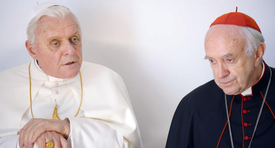 LES DEUX PAPES THE TWO POPES 2019 de Fernando Meirelles Anthony Hopkins Jonathan Pryce. Prod DB © Netflix eglise catholique; catholic church; biograph