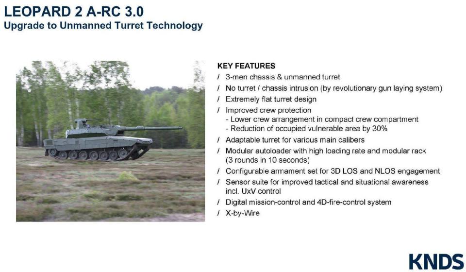 A page from an KNDS brochure outlining various key features of the Leopard 2 A-RC 3.0. <em>KNDS</em>