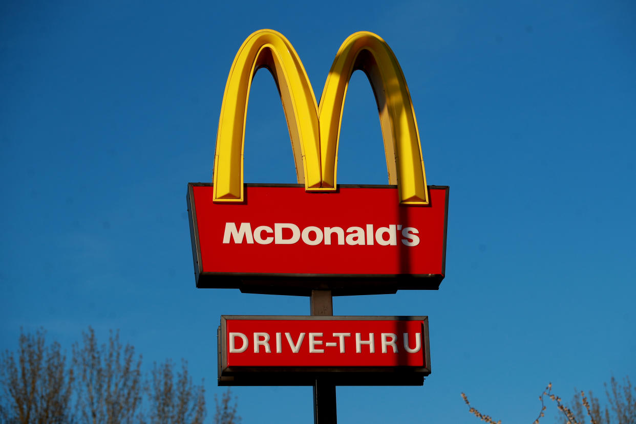 A McDonald's logo at a drive through at Blackwater Shopping Centre, Farnborough as it was announced that all of their restaurant locations in the UK and Ireland will close by 7pm on Monday to protect the safety of their employees and customers from coronavirus.