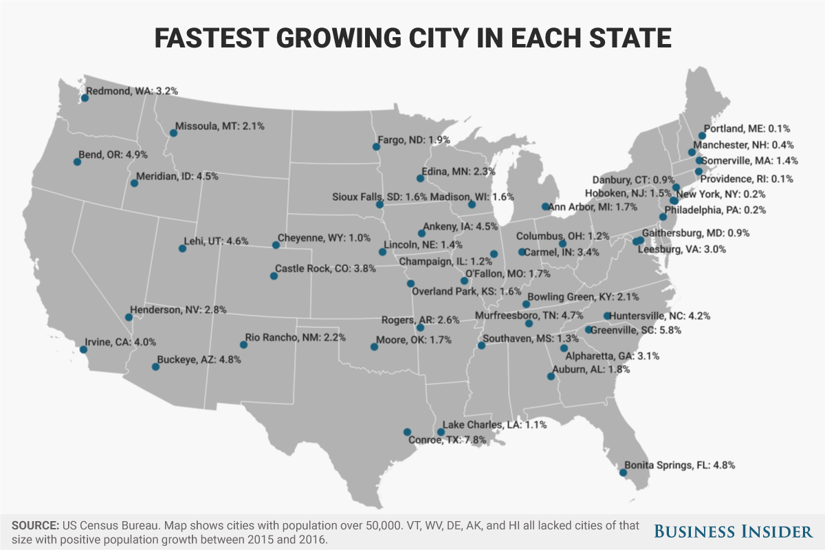 fastest growing city in each state 2017