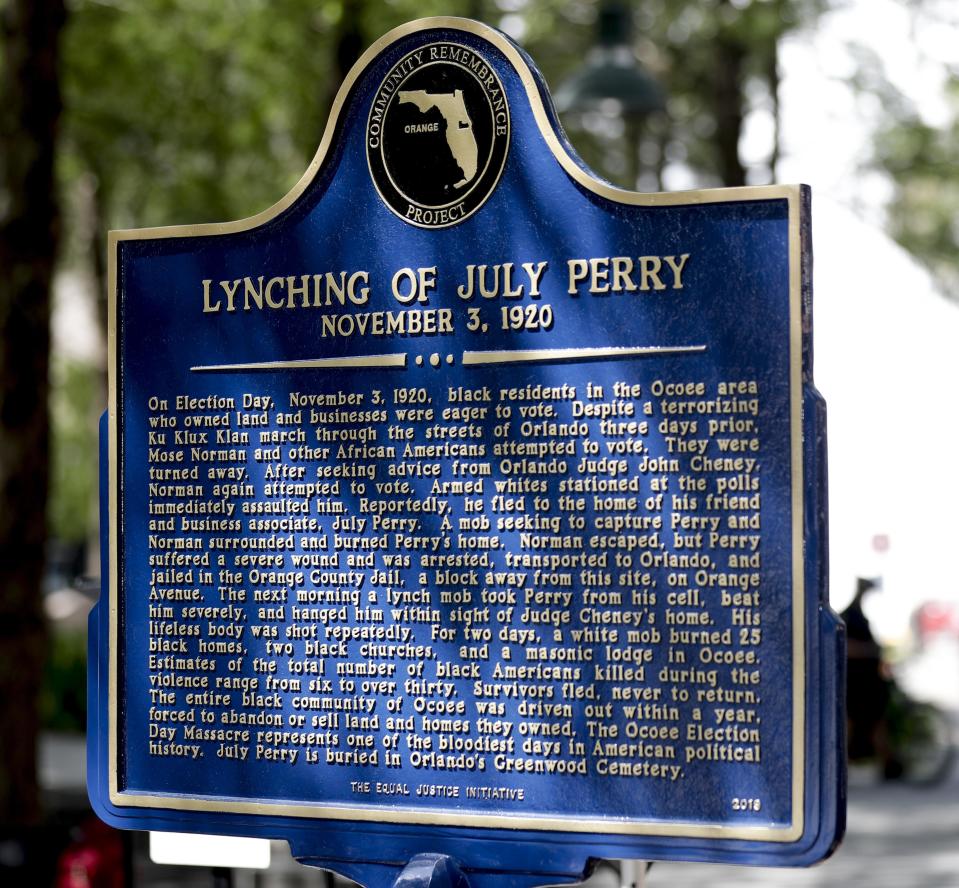 This historical marker about the lynching of July Perry and the Ocoee massacre was unveiled in 2019 outside the Orange County Regional History Center. A similar marker was erected the following year outside Ocoee’s Lakeshore Community Center.