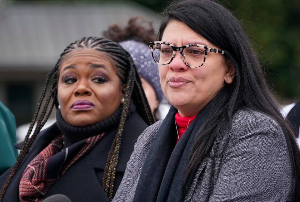 Dec. 7, 2023; Washington, D.C., USA -- Congresswomen Cori Bush (D-MO), left, and Rashida Tlaib (D-MI), right, speaking at a press conference on Dec. 7, 2023 in Washington, D.C calling for a ceasefire in Gaza. Mandatory Credit: Jack Gruber-USA TODAY