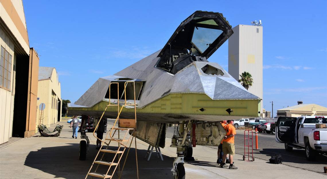 A Lockheed F-117 Nighthawk stealth aircraft was transported from Nevada to the Castle Air Museum restoration hangar early on Friday, July 29, 2022.