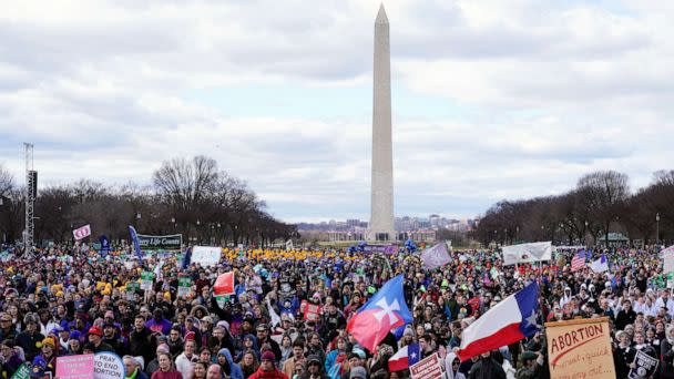 PHOTO: People participate in the March for Life rally in front of the Washington Monument, Jan. 20, 2023, in Washington. (Patrick Semansky/AP)