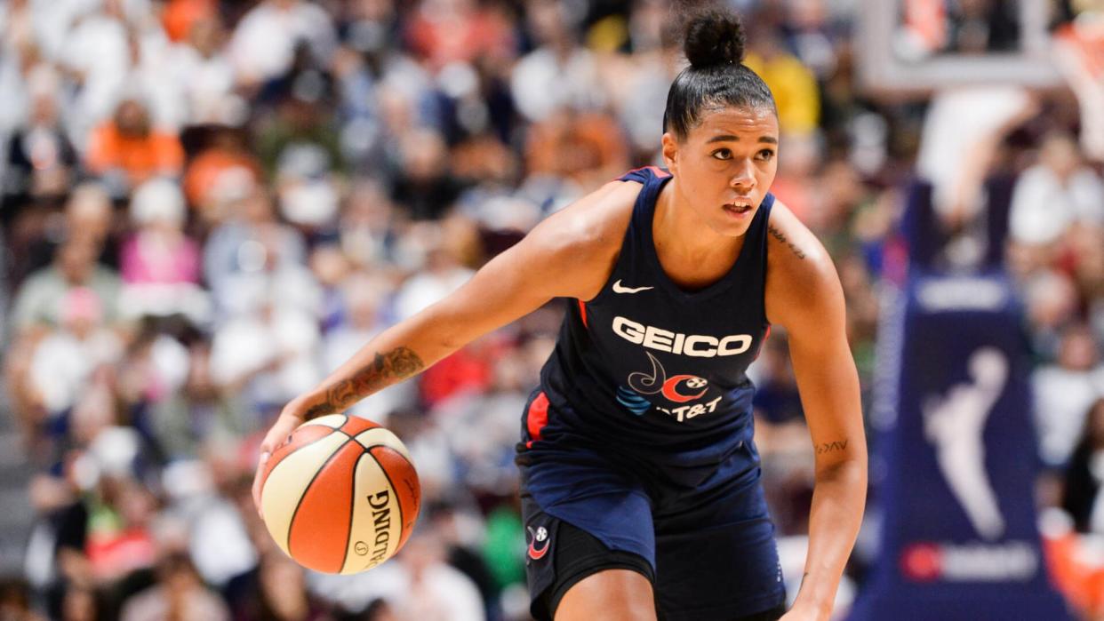 #9 of the Washington Mystics dribbles the ball against the Connecticut Sun in the second quarter of Game 3 of the WNBA Finals at Mohegan Sun Arena on October 6, 2019 in Uncasville, Connecticut.