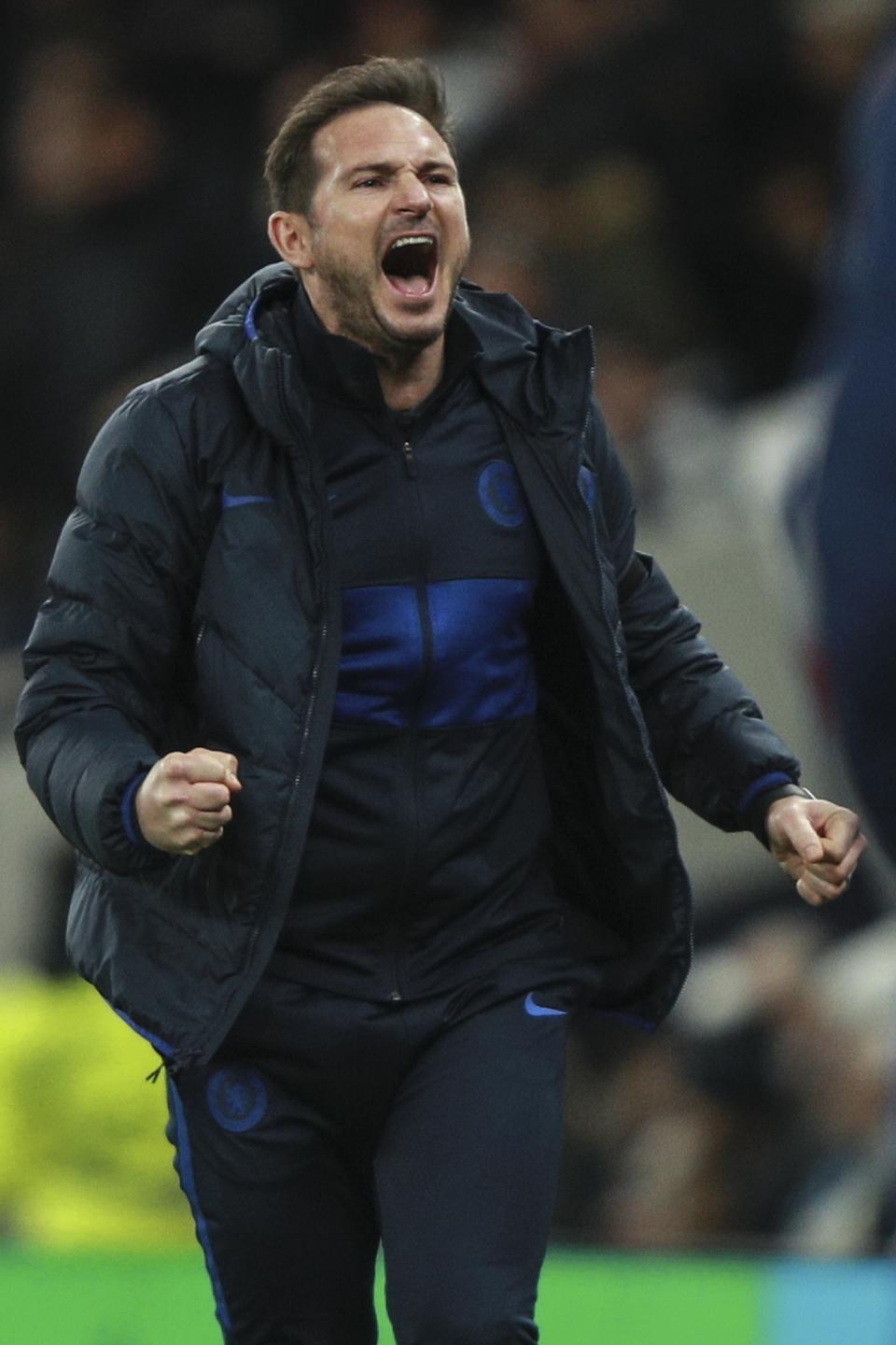 Chelsea's head coach Frank Lampard celebrates after Willian scored his side's second goal during the English Premier League soccer match between Tottenham Hotspur and Chelsea, at the Tottenham Hotspur Stadium in London, Sunday, Dec. 22, 2019. (AP Photo/Ian Walton)