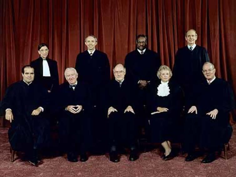 <span class="caption">The US Supreme Court justices who decided Lawrence v. Texas.</span> <span class="attribution"><a class="link " href="https://upload.wikimedia.org/wikipedia/commons/9/99/Supreme_Court_1998_new.jpg" rel="nofollow noopener" target="_blank" data-ylk="slk:Wikimedia Commons;elm:context_link;itc:0;sec:content-canvas">Wikimedia Commons</a></span>