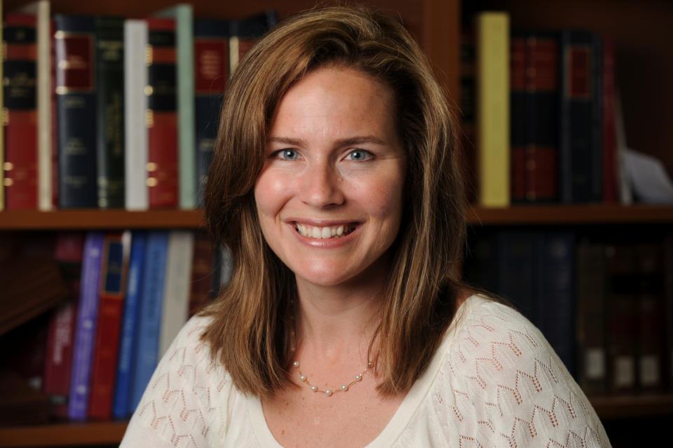 U.S. Court of Appeals for the Seventh Circuit Judge Amy Coney Barrett, a law professor at Notre Dame  University, poses in an undated photograph obtained from Notre Dame University September 19, 2020. (Matt Cashore/Notre Dame University/Handout via Reuters)  