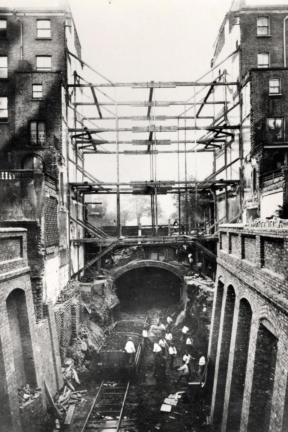 Construction work on the Metropolitan Railway at Leinster Gardens, Bayswater, near to Bayswater, Queensway and Lancaster Gate stations. (London Transport Museum)