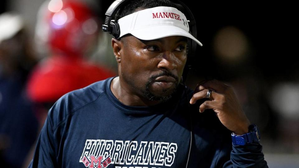 Manatee head football coach Jacquez Green on the sidelines against Sarasota Riverview at Joe Kinnan Field at Hawkins Stadium on Friday, Nov. 17, 2023.