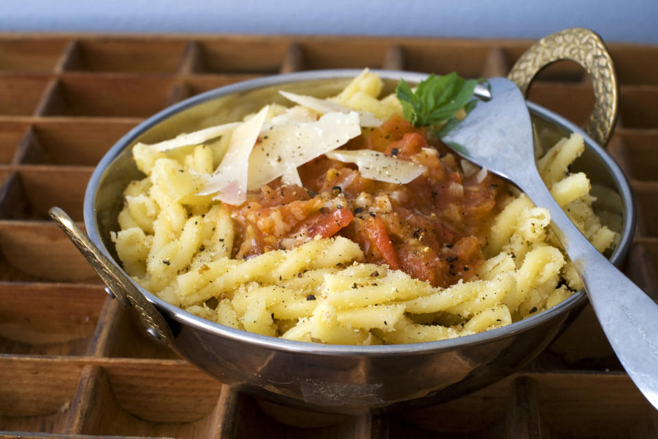 In this image taken on February 18, 2013, gemilli pasta with anchovies and breadcrumbs is shown served in a bowl in Concord, N.H. (AP Photo/Matthew Mead)