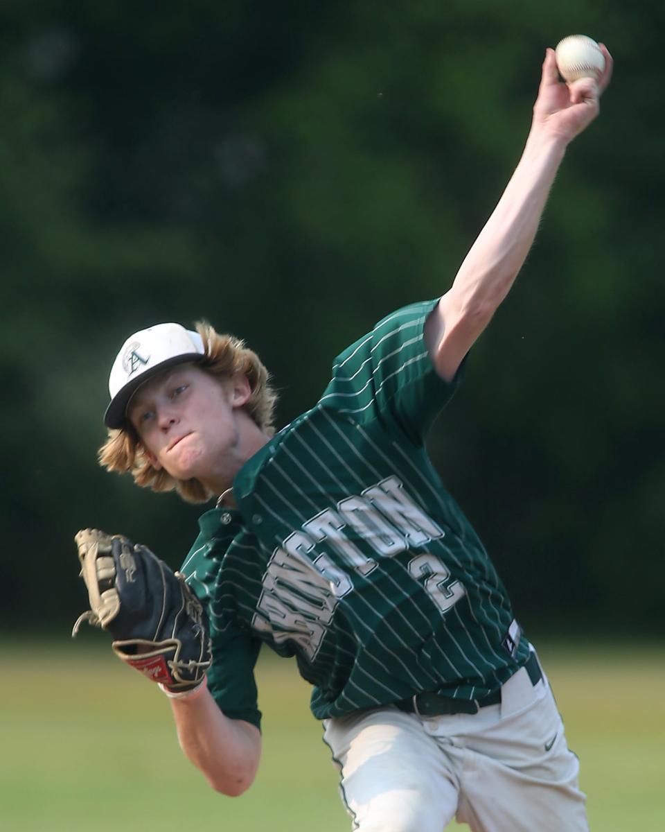 Abington's John Sellon throws a pitch to a Norwell batter in the top of the fourth inning during his complete-game shutout of Norwell at Frolio Field on Wednesday, May 24, 2023.