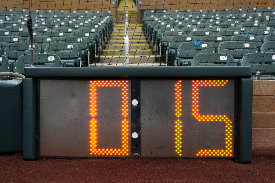 A detailed view of a home-plate pitch clock on Tuesday at Salt River Fields in Scottsdale, Arizona. (Daniel Shirey/MLB Photos via Getty Images)