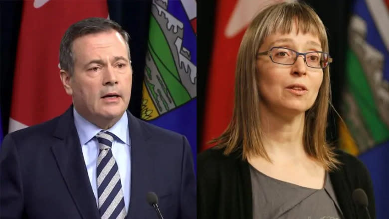 Premier Jason Kenney and Dr. Deena Hinshaw, the province's chief medical officer of health, held a COVID-19 news conference on Wednesday. (CBC)