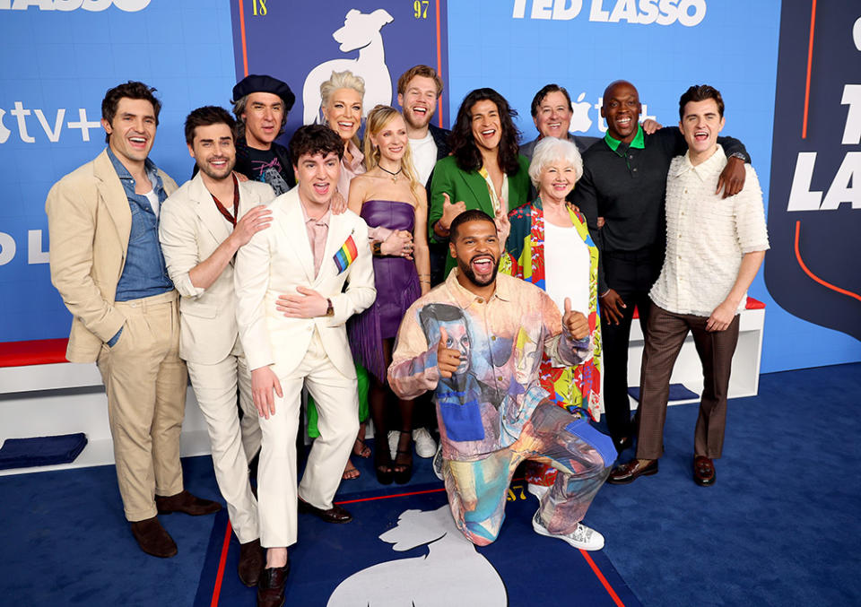 (L-R) Phil Dunster, Stephen Manas, James Lance, Charlie Hiscock, Hannah Waddingham, Juno Temple, David Elsendoorn, Kola Bokinni, Cristo Fernández, Annette Badland, Jeremy Swift, Moe Jeudy-Lamour, and Billy Harris attend Apple TV+'s "Ted Lasso" Season Three FYC at Saban Media Center on June 10, 2023 in North Hollywood, California.