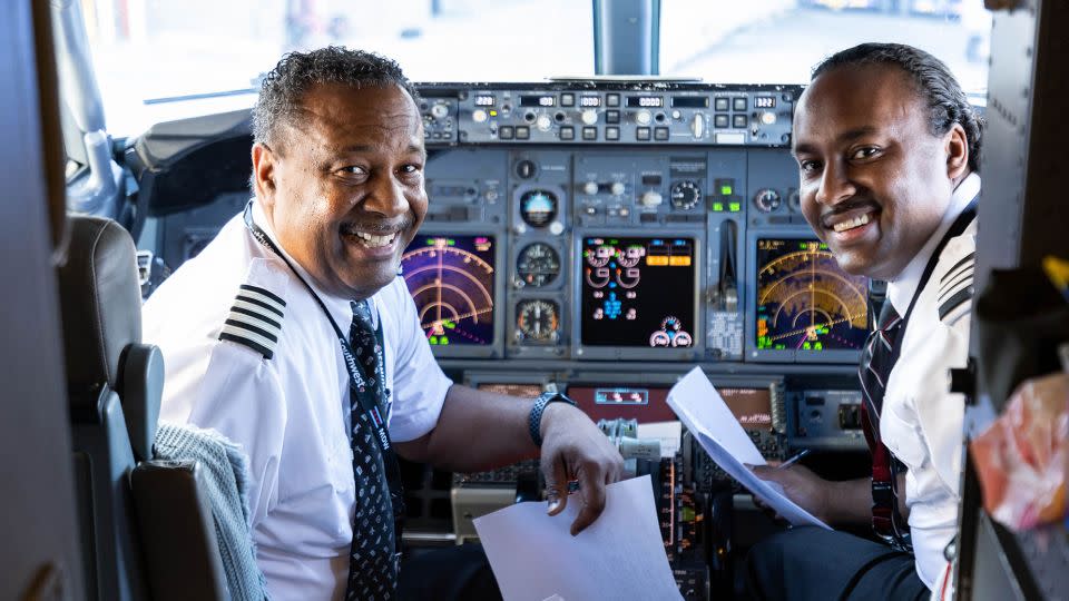 Here's Captain Ruben Flowers and First Officer Ruben Flowers recreating the 1990s photo in 2023. - Courtesy Southwest Airlines