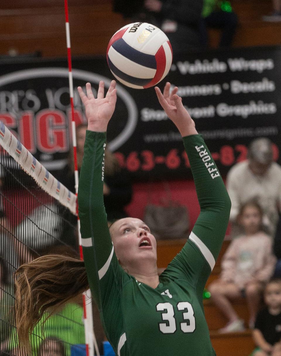 Venice High School's Ashley Reynolds 33) sets a ball at the net against Hagerty High School during their FHSAA Class 7A State Championship volleyball match at Polk State College in Winter Haven Saturday night. November 12, 2022