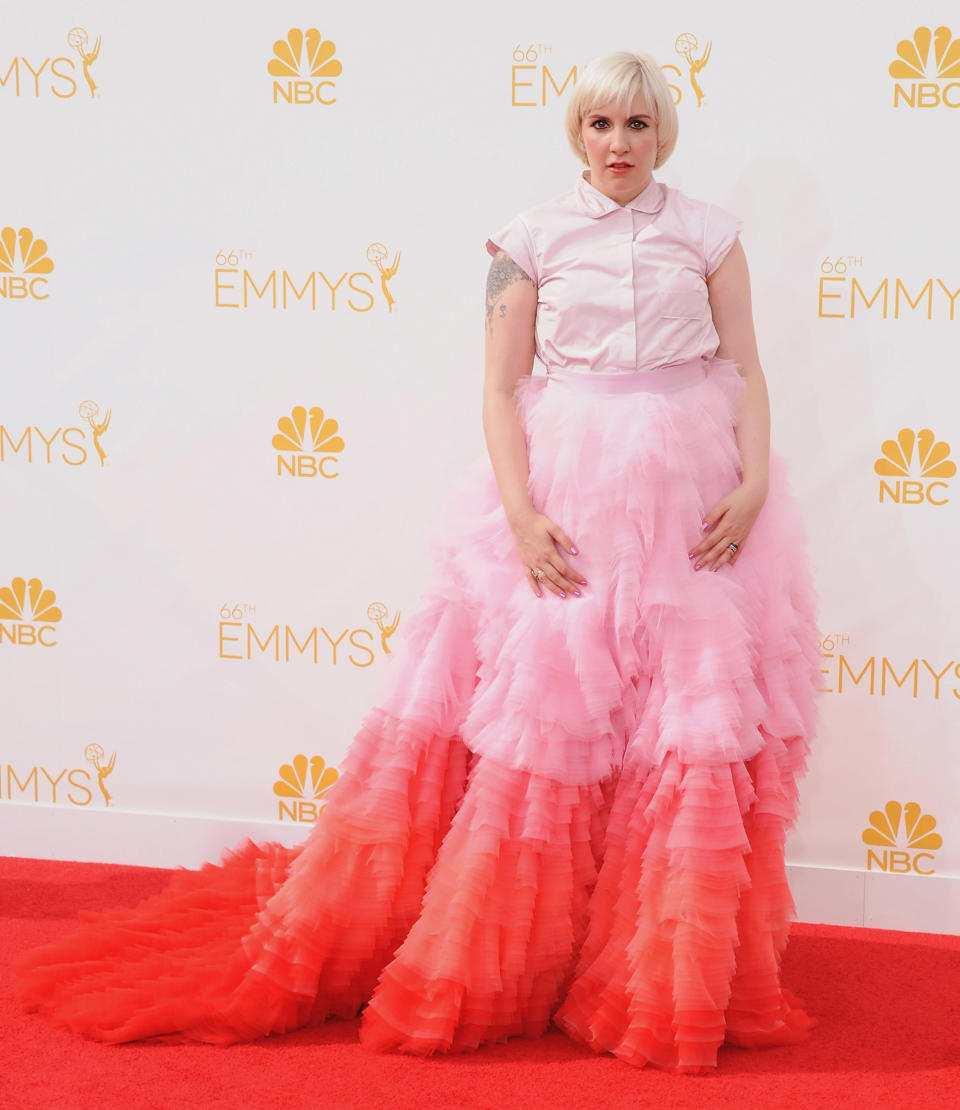 Lena Dunham in Giambattista Valli at the 2014 Emmy Awards. (Image via Getty Images)