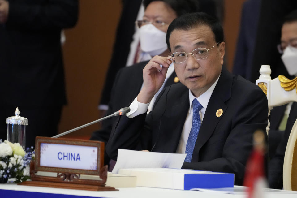 China's Premier Li Keqiang speaks during the ASEAN - China Summits (Association of Southeast Asian Nations) in Phnom Penh, Cambodia, Friday, Nov. 11, 2022. Association of Southeast Asian Nations leaders struggled Friday to come to a consensus on how to pressure Myanmar to comply with a plan for peace, with violence in the member state spiraling out of control since the military seized power in 2021. (AP Photo/Heng Sinith)