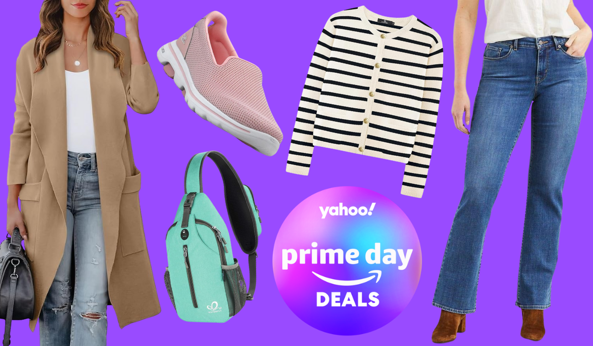 woman wearing long khaki jacket, seafoam-colored sling backpack, pink slip-on shoe, striped black and white cardigan, and woman wearing blue jeans beside badge reading Yahoo! Prime Day Deals