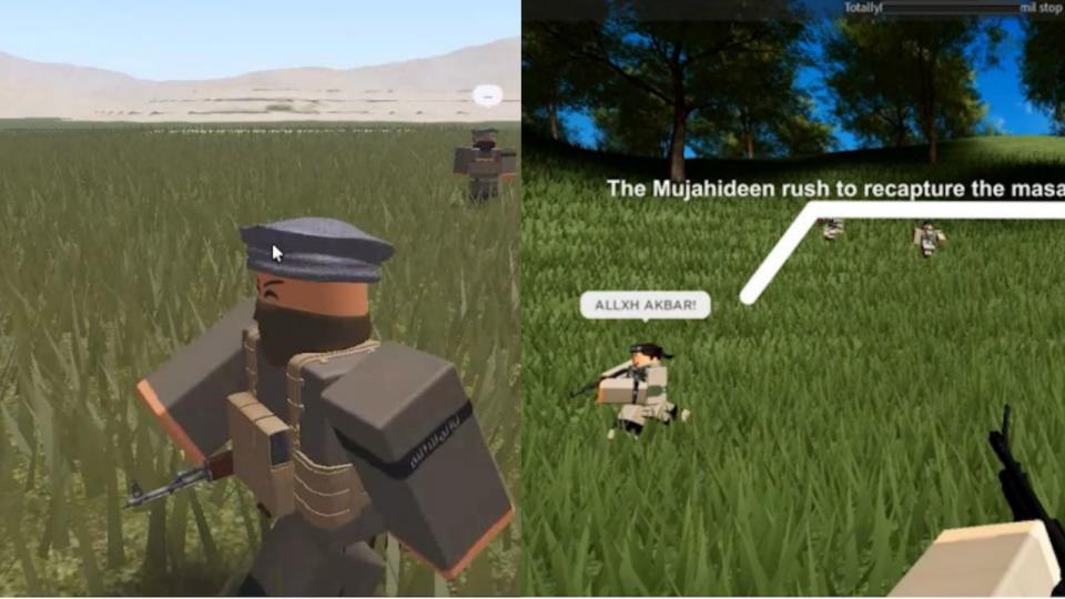 Screenshots of Islamic State propaganda videos developed by the 16-year-old using Roblox game footage.