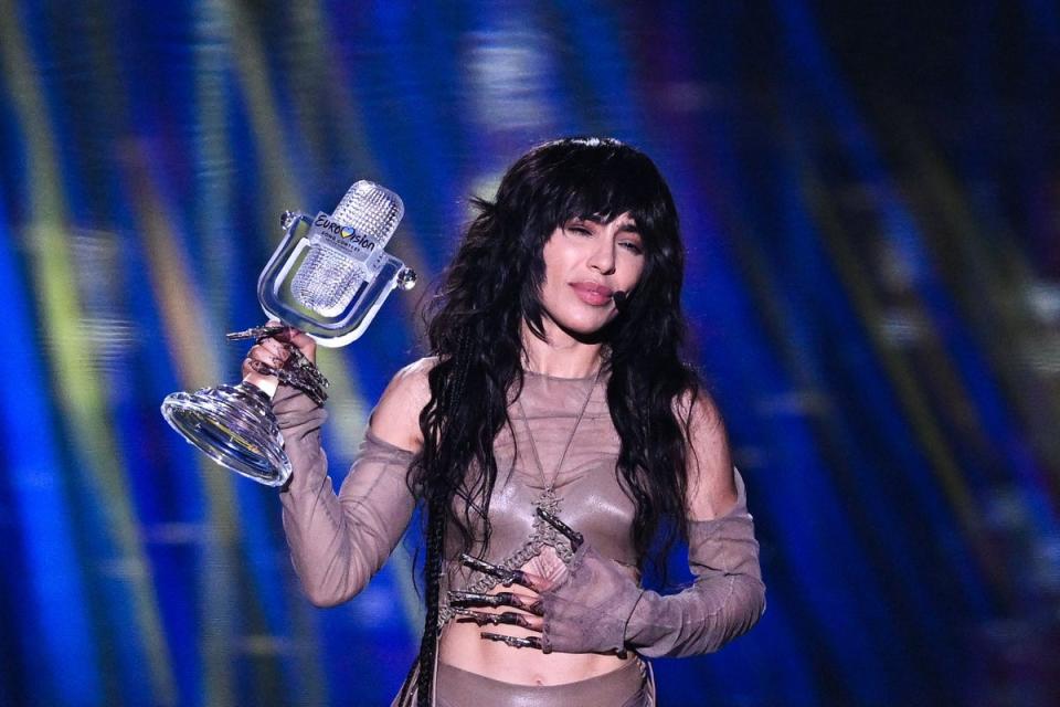 Singer Loreen performing on behalf of Sweden celebrates with the trophy after winning the 2023 Eurovision contest (AFP/Getty)