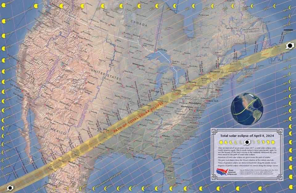 The path of the 2024 solar eclipse, which will take place on Aug. 8.
