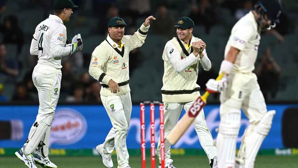 Rory Burns, pictured here walking off after edging to Steve Smith in the second Ashes Test. 