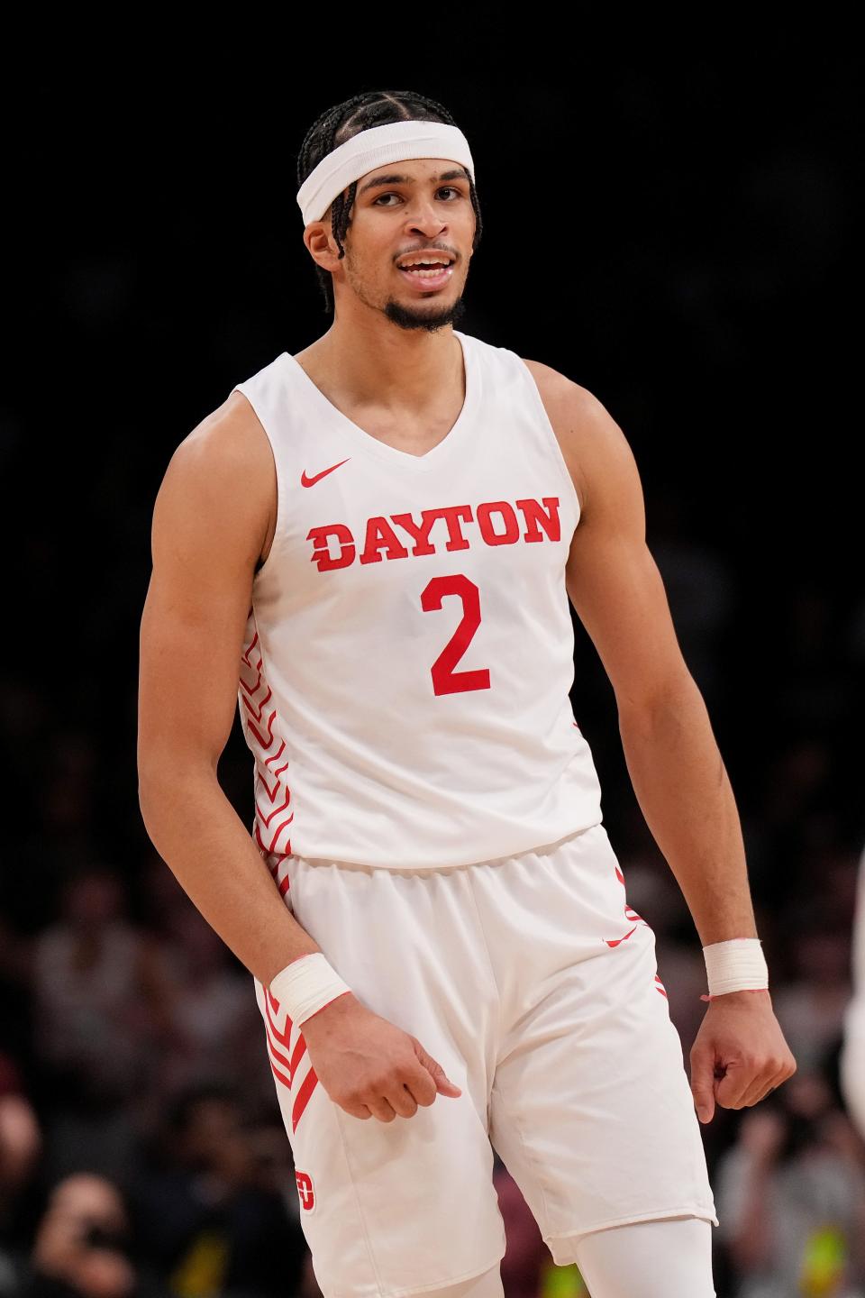 Toumani Camara #2 of the Dayton Flyers celebrates after defeating Fordham Rams in the second half during the Semifinals of the A10 Basketball Tournament at Barclays Center on March 11, 2023, in New York City. Dayton Flyers defeated the Fordham Rams 78-68.