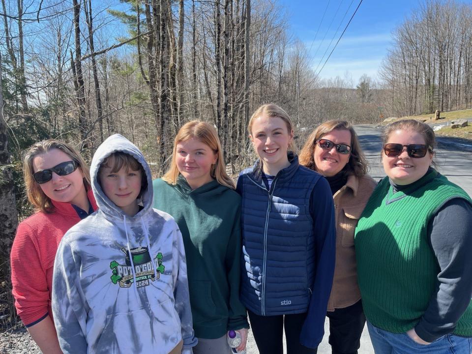 This is the group of folks I saw walking down my dead-end road this morning: (Left to right) Janice Quartararo, Christian Quartararo, Kristina Day, Elena Quartararo, Karen Day (my neighbor), and Alex Day. They were headed to the baseball diamond for the eclipse.