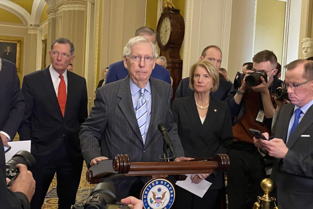 Senate Republican Leader Mitch McConnell, of Kentucky, speaks during a press conference inside the U.S. Capitol building on Wednesday, March 20, 2024. (Jennifer Shutt/States Newsroom)