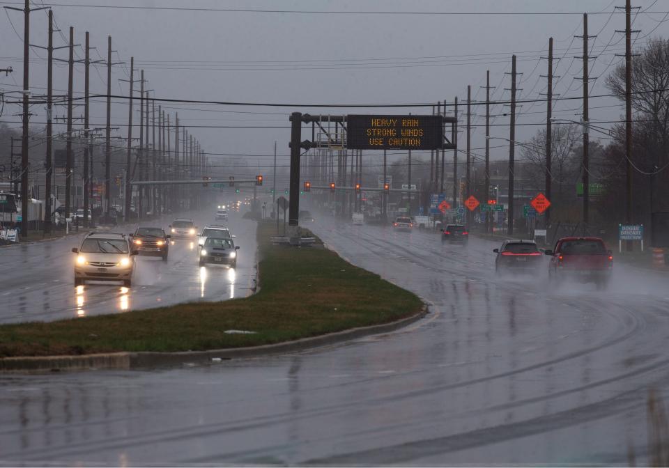 Signage along Rt. 37 warns drivers of bad conditions in the area. Rain falls throughout the Jersey Shore area with a risk of flooding for the region.   
Toms River, NJ
Saturday, March 23, 2024