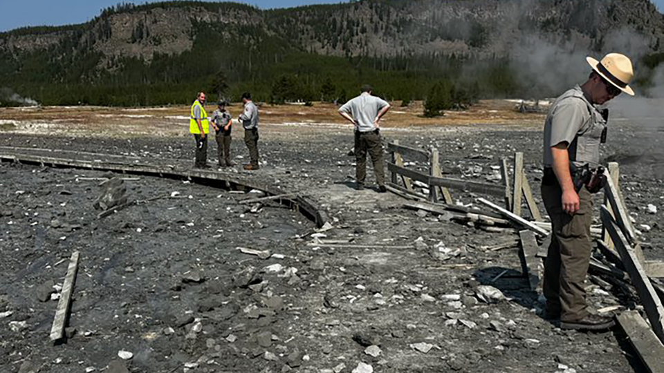  Yellowstone National Park officials investigate after a hydrothermal explosion in Biscuit Bay on July 23, 2024. (Photo courtesy Yellowstone National Park)