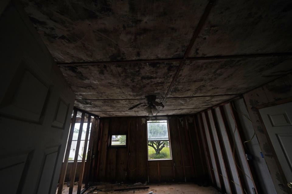 Mold on the ceiling and a warped ceiling fan are seen inside Irene Verdin's home that was heavily damaged by Hurricane Ida in August 2021, along Bayou Pointe-au-Chien, La., Tuesday, May 24, 2022. (AP Photo/Gerald Herbert)