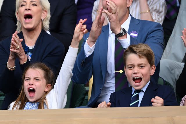 <p>Karwai Tang/WireImage</p> We have a winner! Princess Charlotte and Prince George cheer during the Wimbledon men's singles final on July 16.