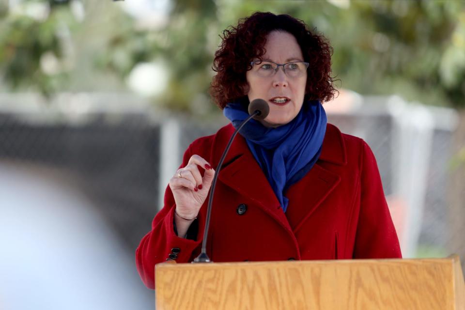 Oregon Labor Commissioner Val Hoyle speaks during a demonstration for International Women's Day at the Oregon State Capitol in Salem on Friday, March 8, 2019. Many during the rally voiced their support for a state-run family and medical leave insurance program in Oregon. "If we really do value life, and if we really do value families, then we really need paid family leave," Hoyle said.