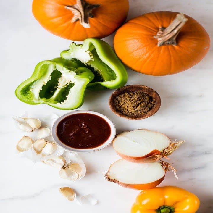 ingredients for turkey pumpkin chili on a table
