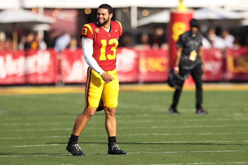 USC Trojans quarterback Caleb Williams (13) reacts before a game against the Washington Huskies at United Airlines Field at Los Angeles Memorial Coliseum.