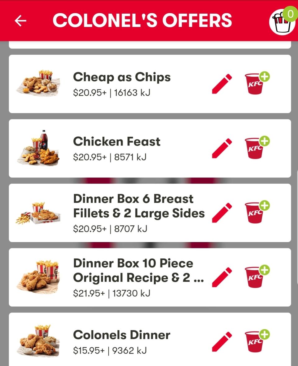 Screenshot of the Colonel's Offers in the MKFC Australia app.